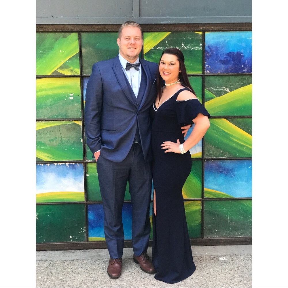 Navy blue off the shoulder with side slit dress